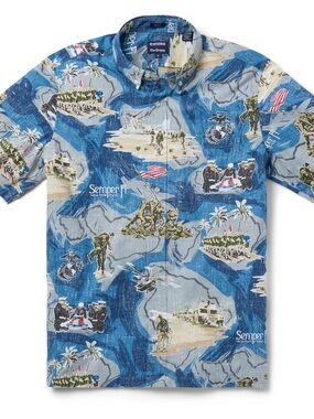 Reyn Spooner USMC Marine Corps Red White Blue Military Button-Down Shirt